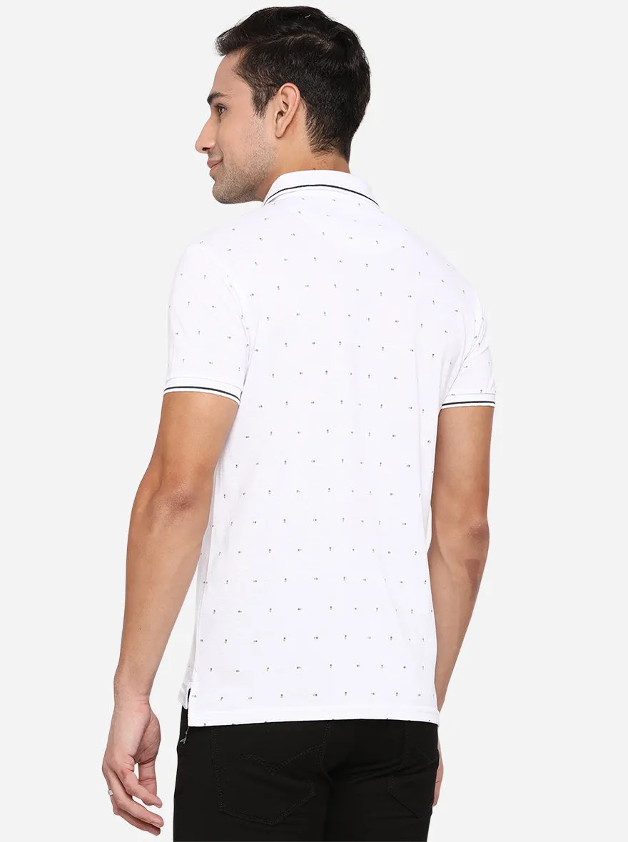 White Printed Slim Fit Polo T-Shirt | JadeBlue