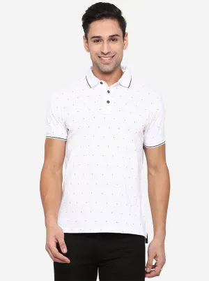 White Printed Slim Fit Polo T-Shirt | JadeBlue