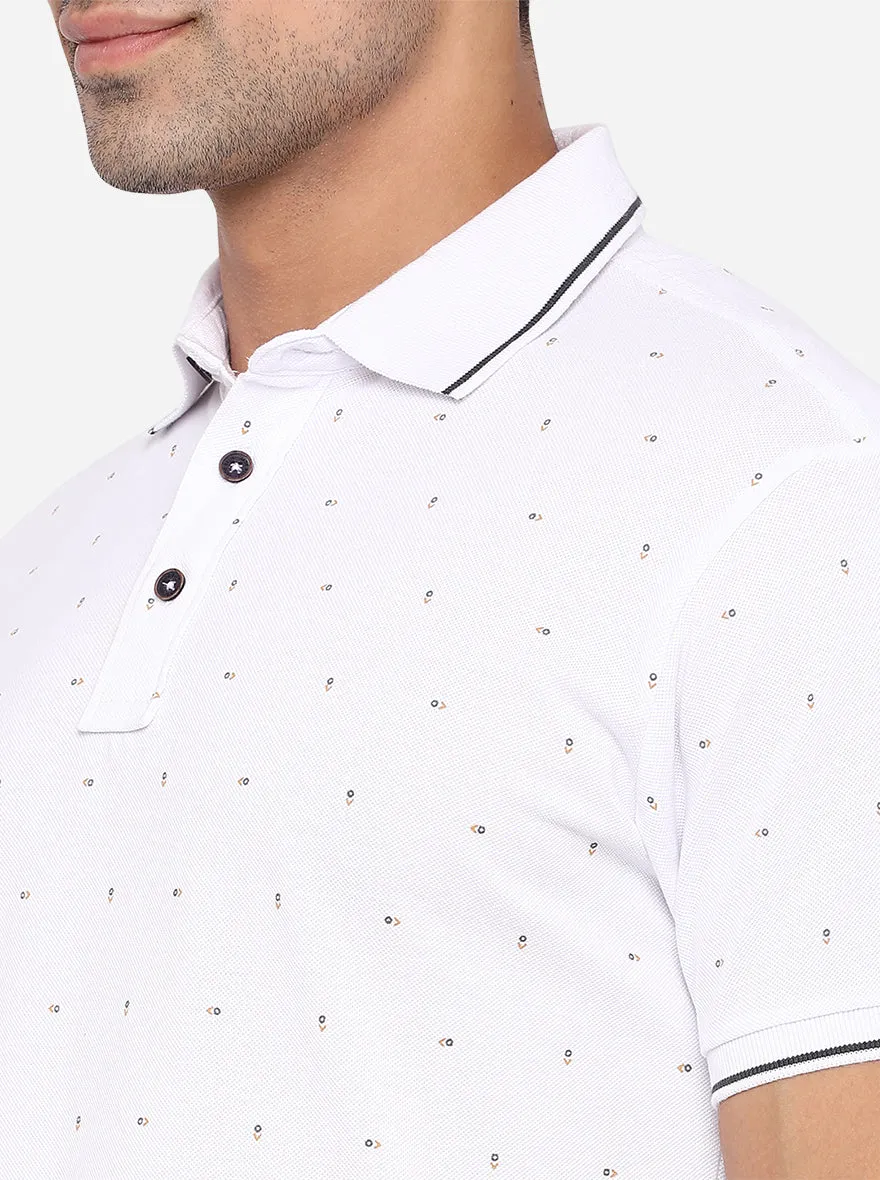 White Printed Slim Fit Polo T-Shirt | JadeBlue