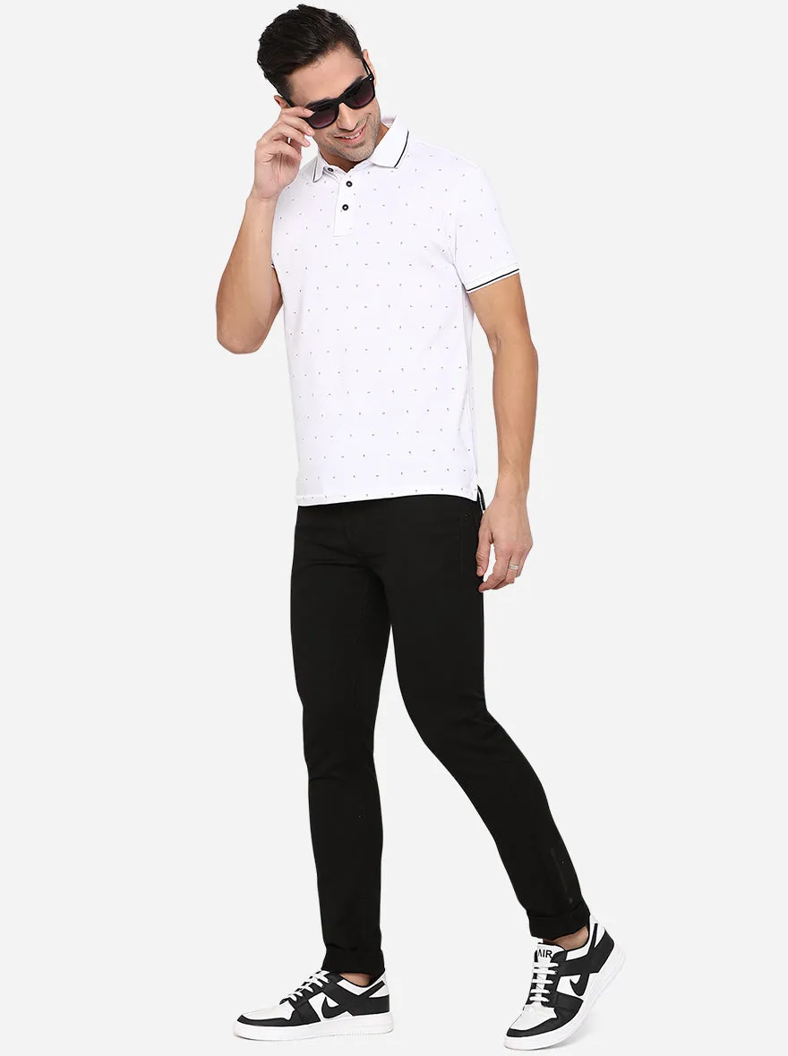 White Printed Slim Fit Polo T-Shirt | JadeBlue