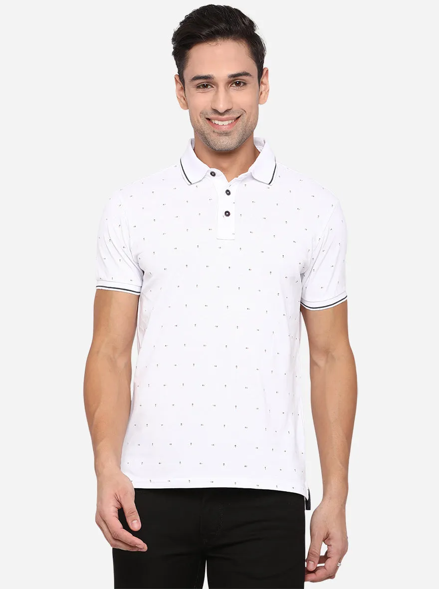 White Printed Slim Fit Polo T-Shirt | JadeBlue