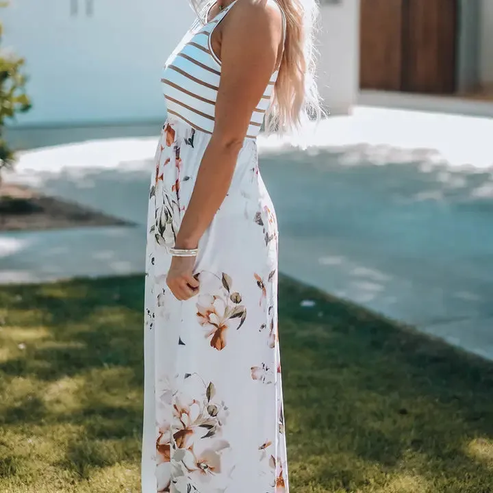 White Striped Floral Print Sleeveless Maxi Dress with Pocket