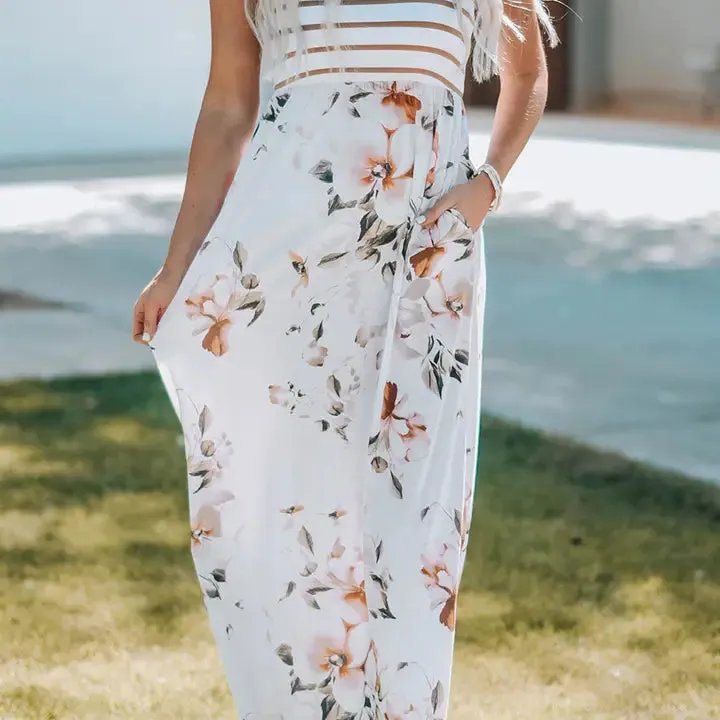 White Striped Floral Print Sleeveless Maxi Dress with Pocket