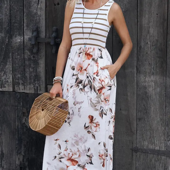 White Striped Floral Print Sleeveless Maxi Dress with Pocket