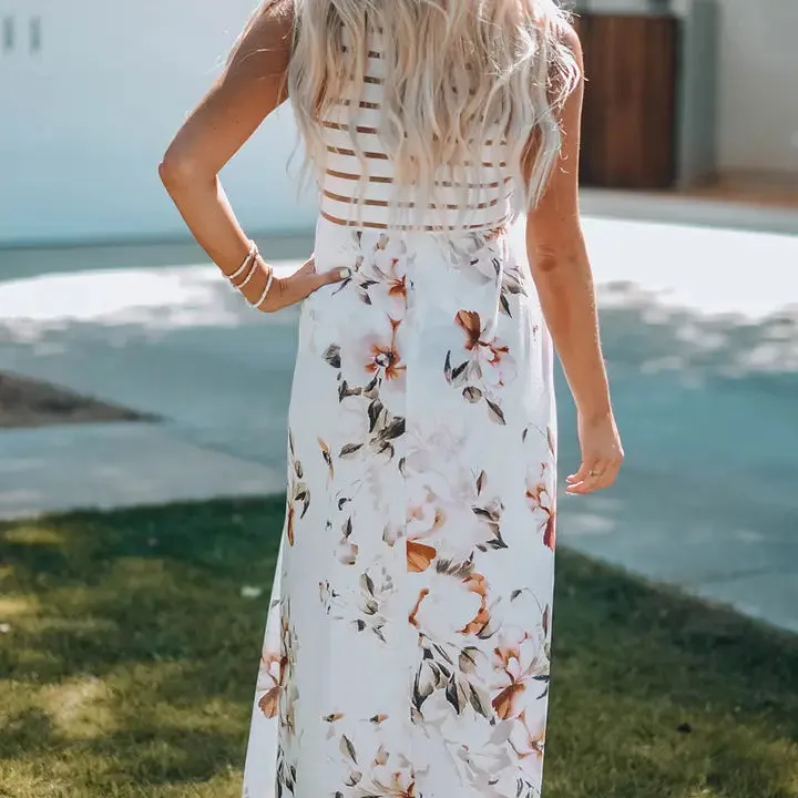 White Striped Floral Print Sleeveless Maxi Dress with Pocket