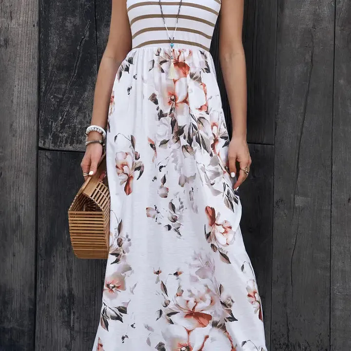 White Striped Floral Print Sleeveless Maxi Dress with Pocket