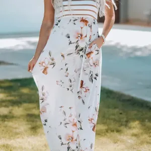 White Striped Floral Print Sleeveless Maxi Dress with Pocket