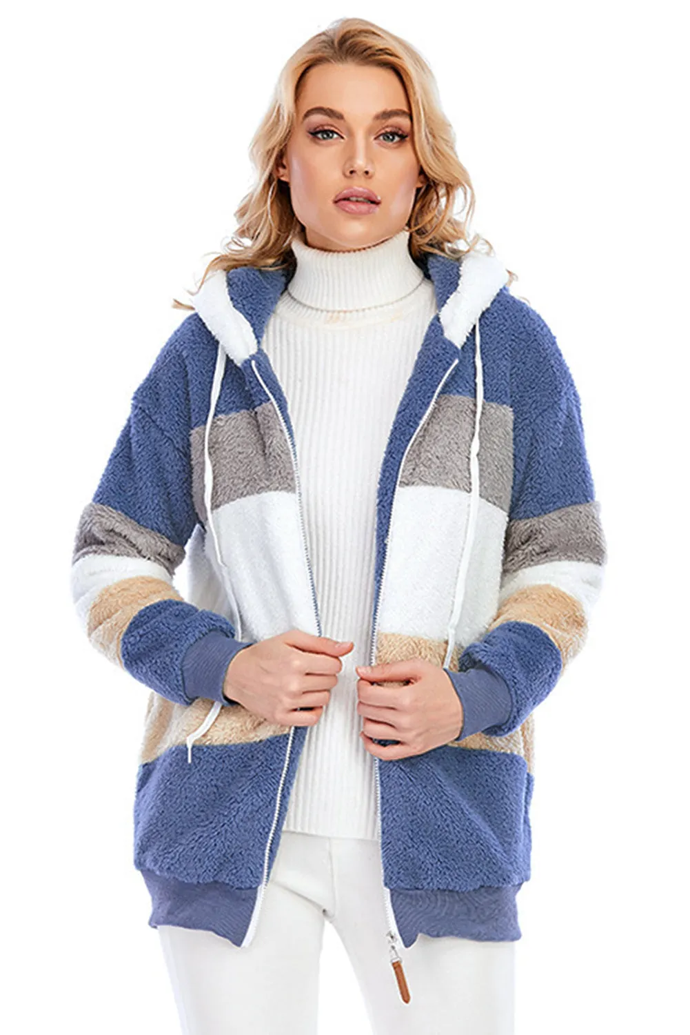 Wine Red Colorblock Zip Up Sherpa Coat with Hooded
