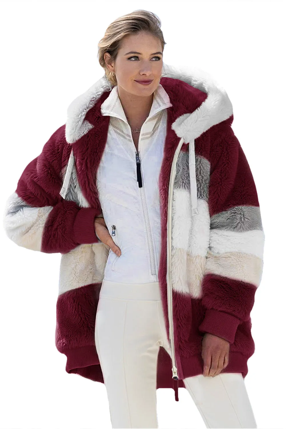 Wine Red Colorblock Zip Up Sherpa Coat with Hooded