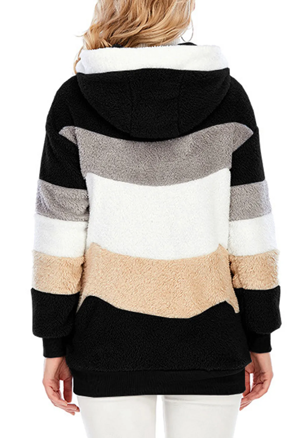 Wine Red Colorblock Zip Up Sherpa Coat with Hooded