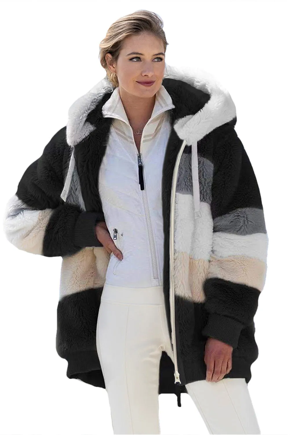 Wine Red Colorblock Zip Up Sherpa Coat with Hooded