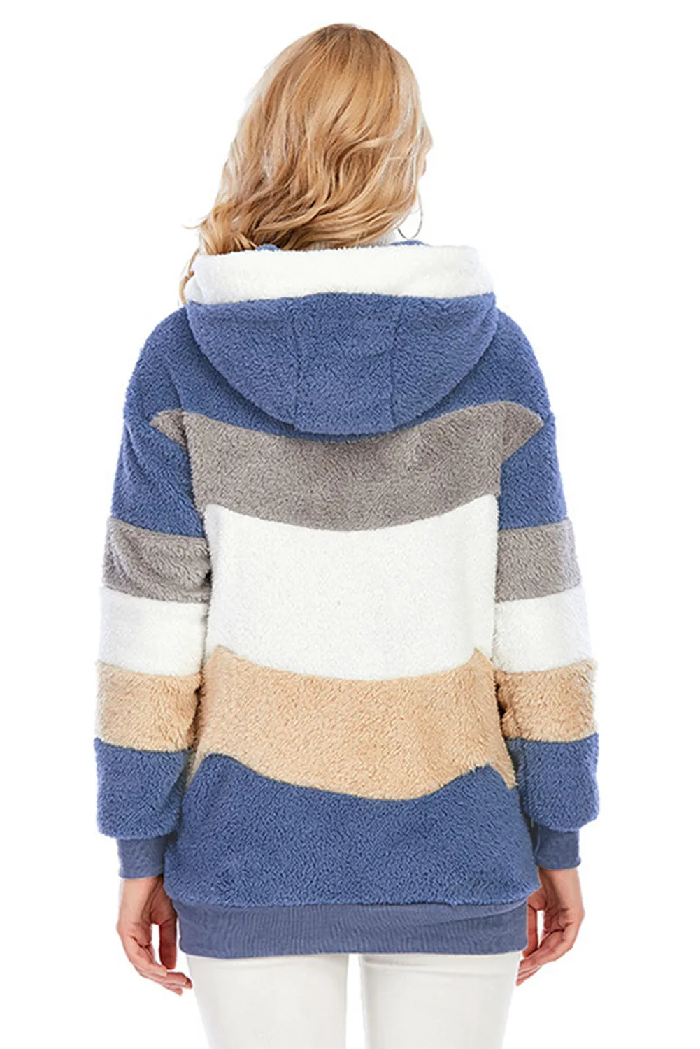 Wine Red Colorblock Zip Up Sherpa Coat with Hooded