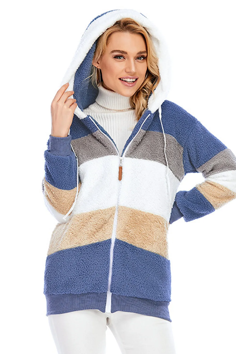 Wine Red Colorblock Zip Up Sherpa Coat with Hooded