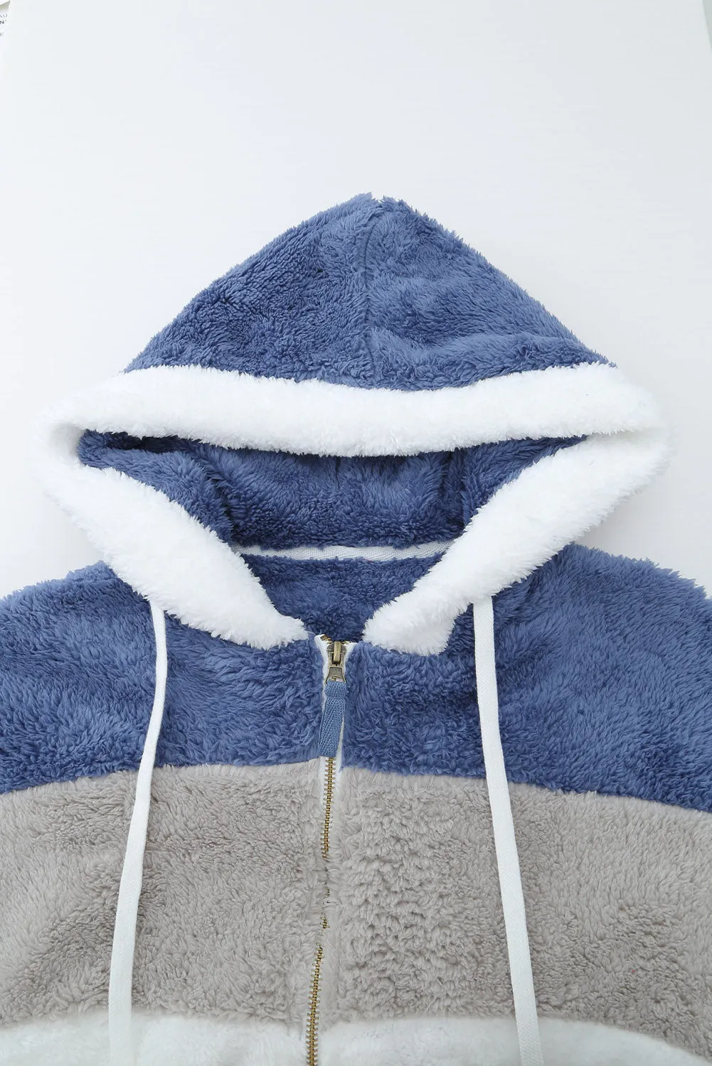 Wine Red Colorblock Zip Up Sherpa Coat with Hooded