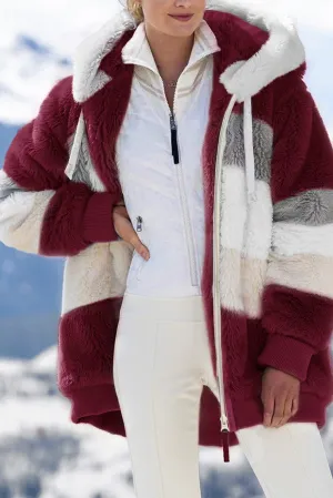 Wine Red Colorblock Zip Up Sherpa Coat with Hooded