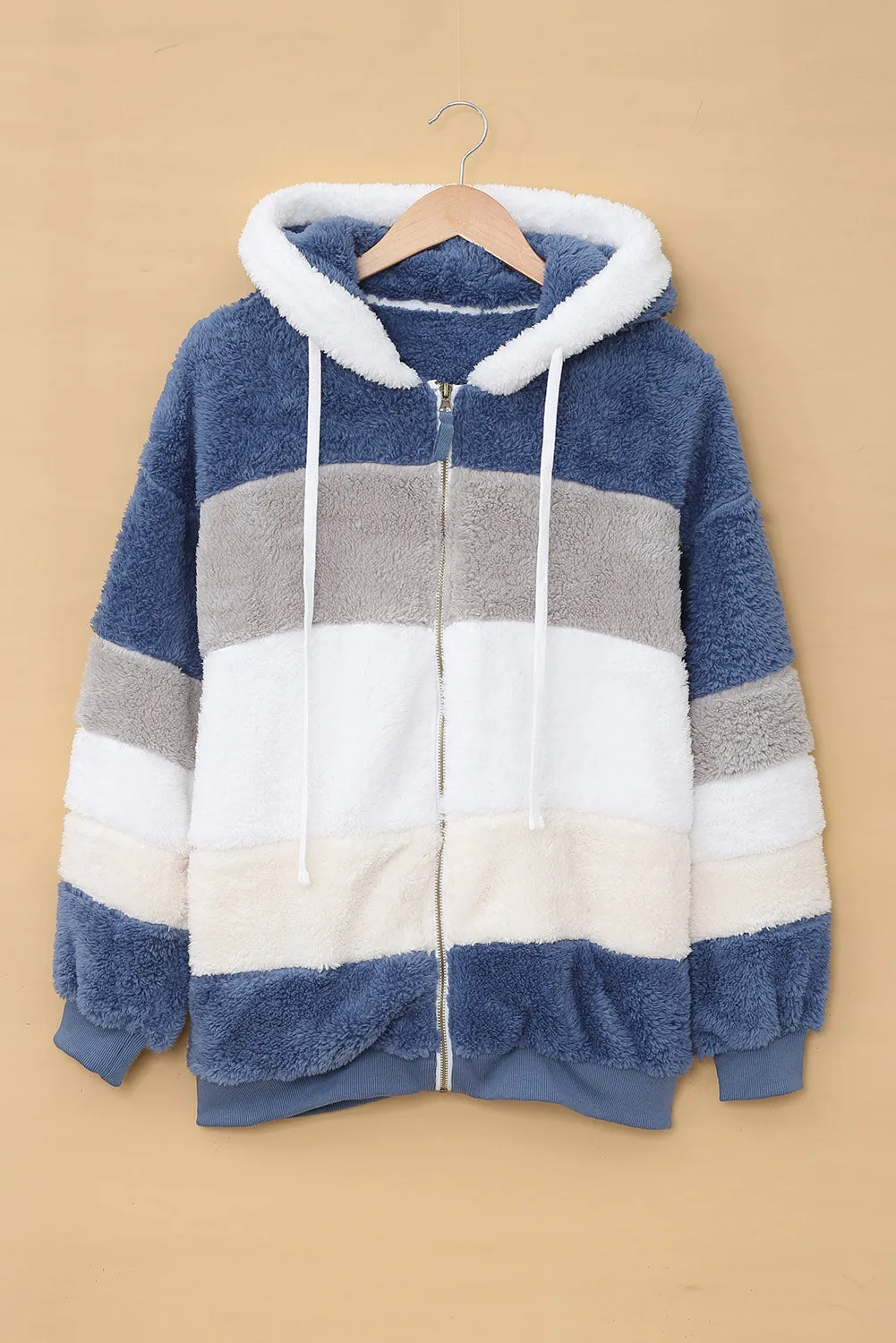 Wine Red Colorblock Zip Up Sherpa Coat with Hooded