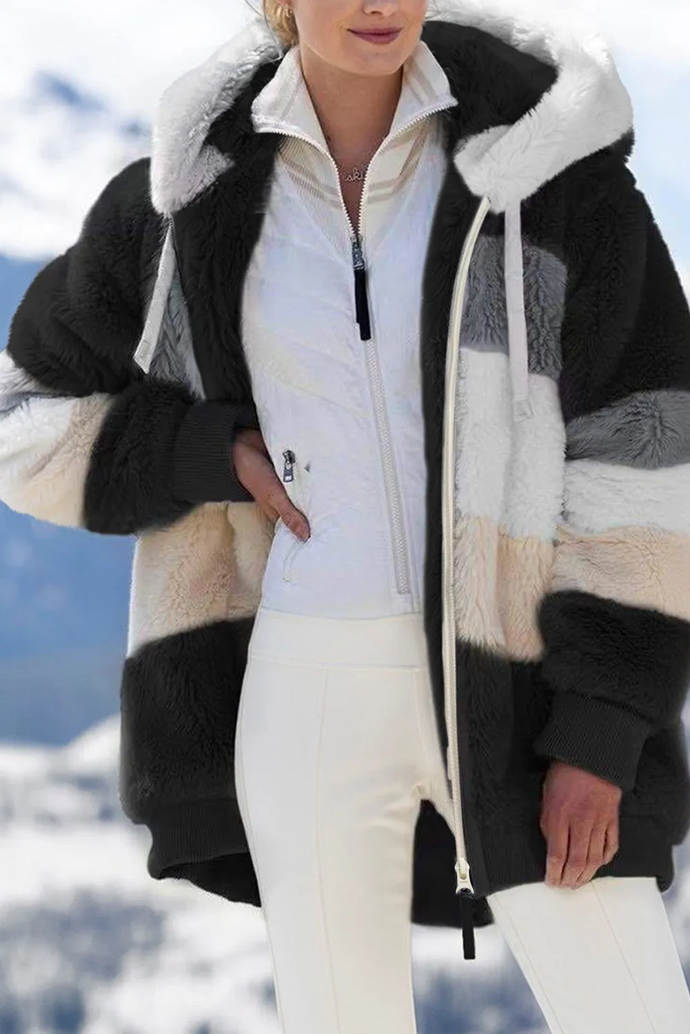 Wine Red Colorblock Zip Up Sherpa Coat with Hooded