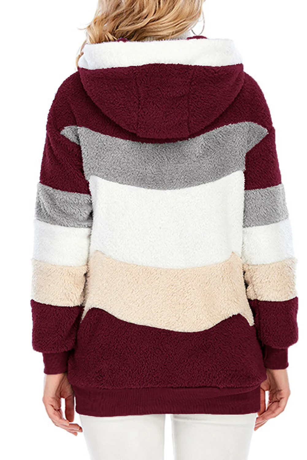 Wine Red Colorblock Zip Up Sherpa Coat with Hooded