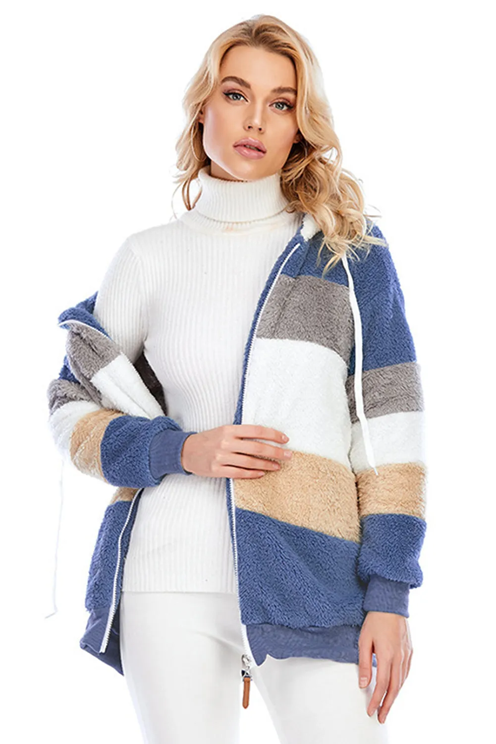 Wine Red Colorblock Zip Up Sherpa Coat with Hooded