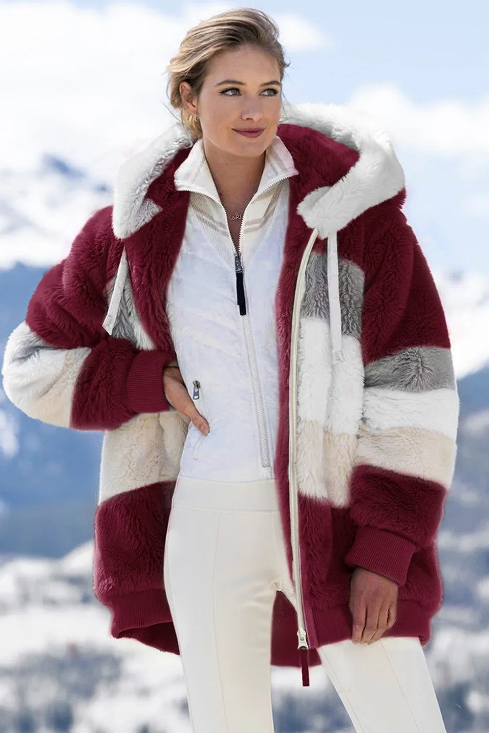 Wine Red Colorblock Zip Up Sherpa Coat with Hooded