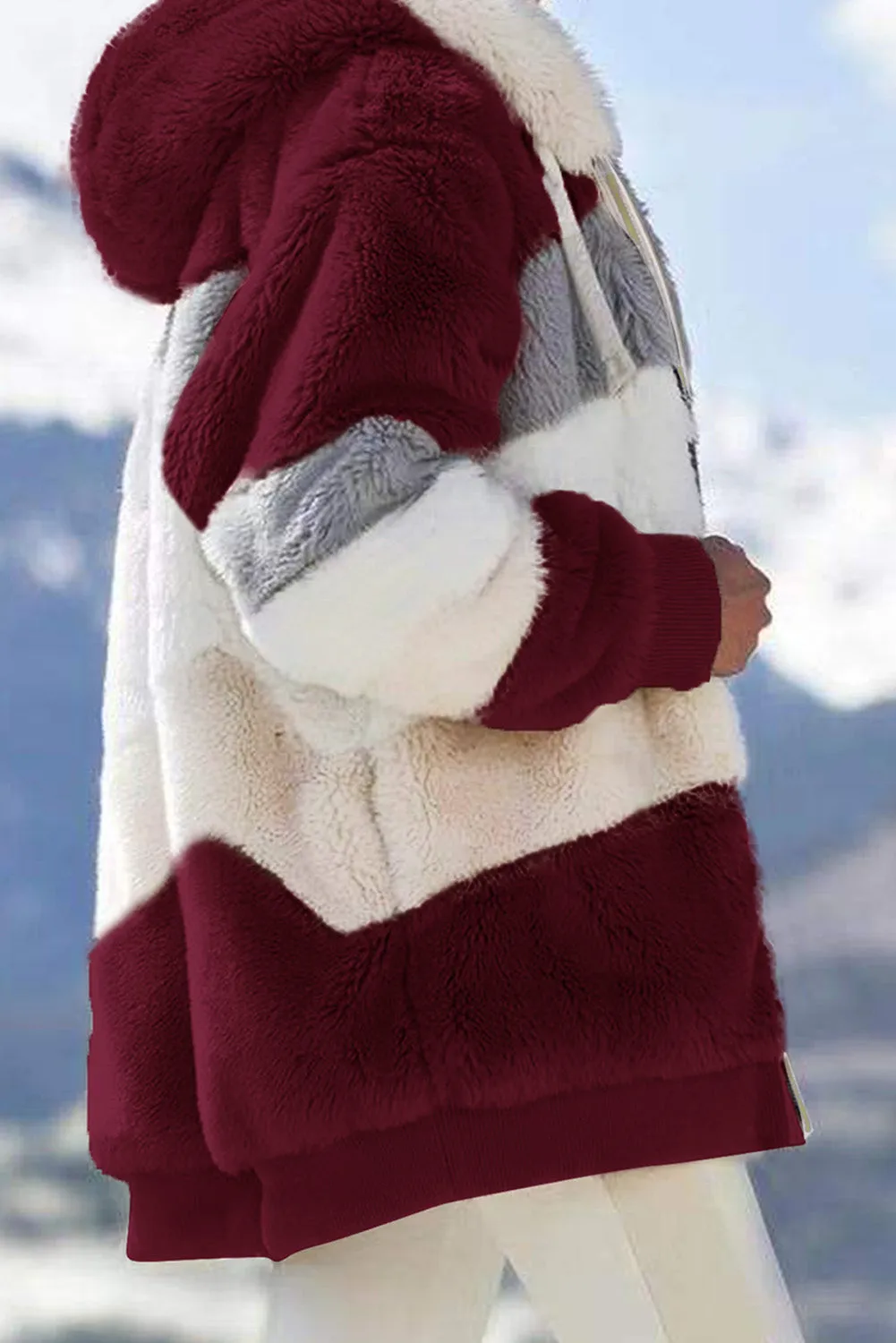 Wine Red Colorblock Zip Up Sherpa Coat with Hooded