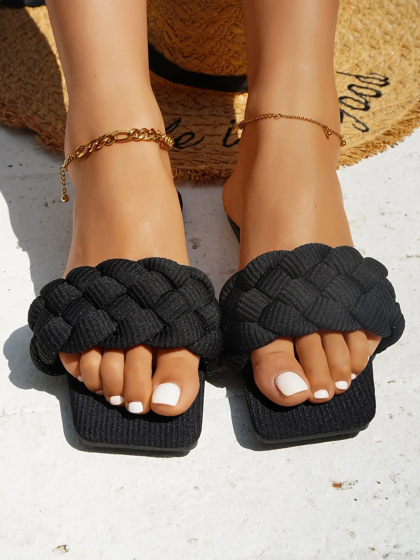 Woven Braided Upper Slides - Black
