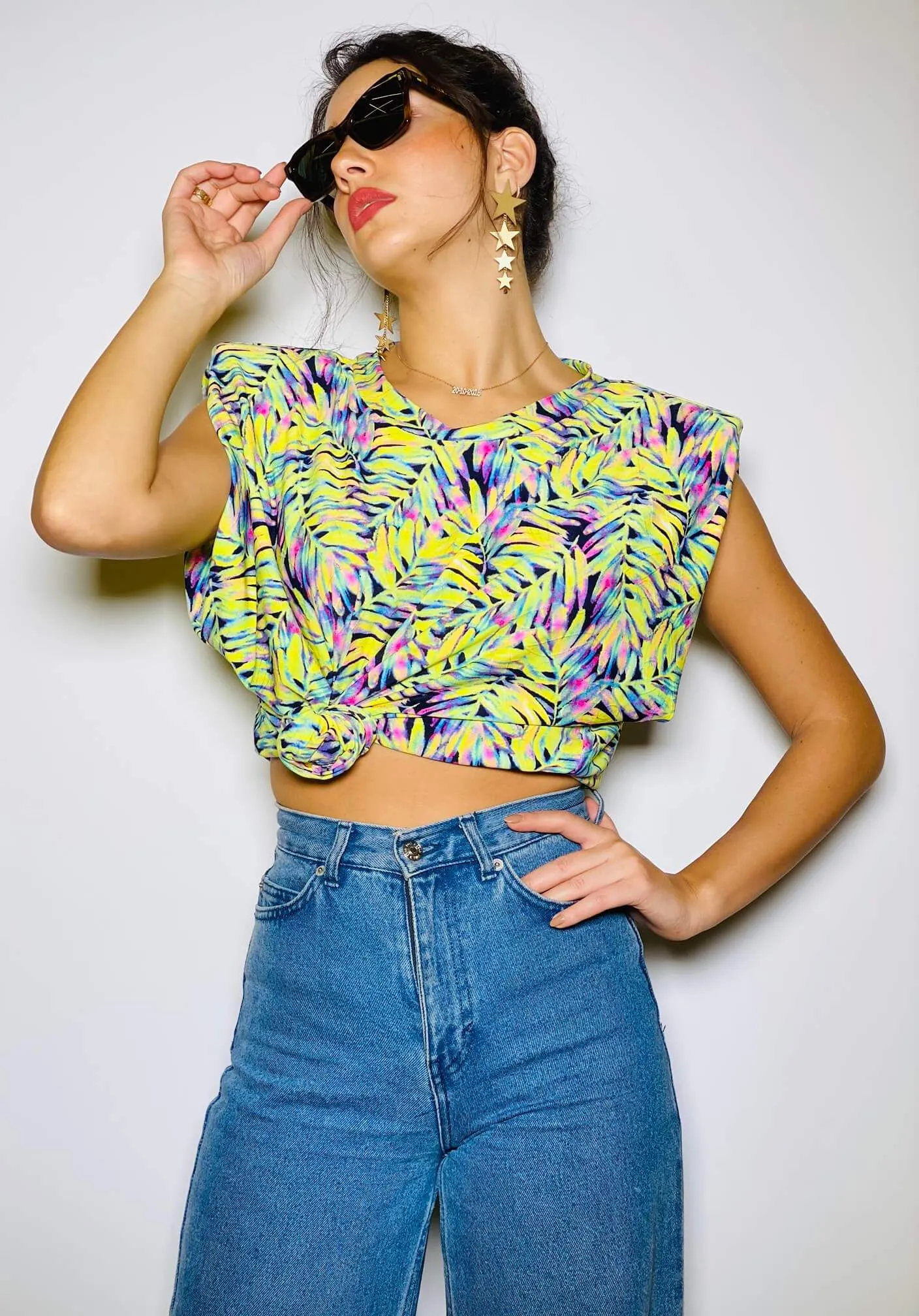 Yellow and Purple Leaf Print Sleeveless Tee