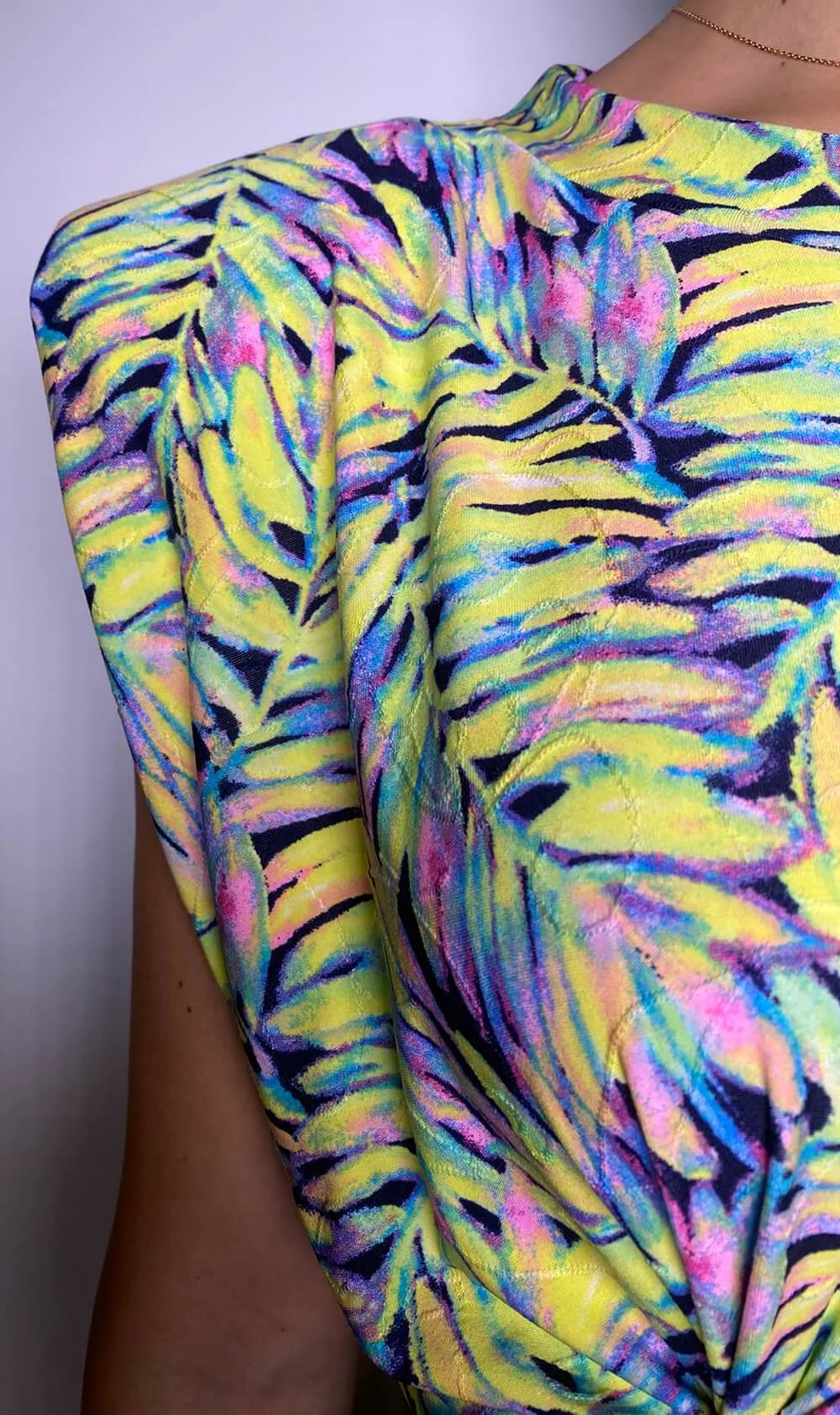 Yellow and Purple Leaf Print Sleeveless Tee
