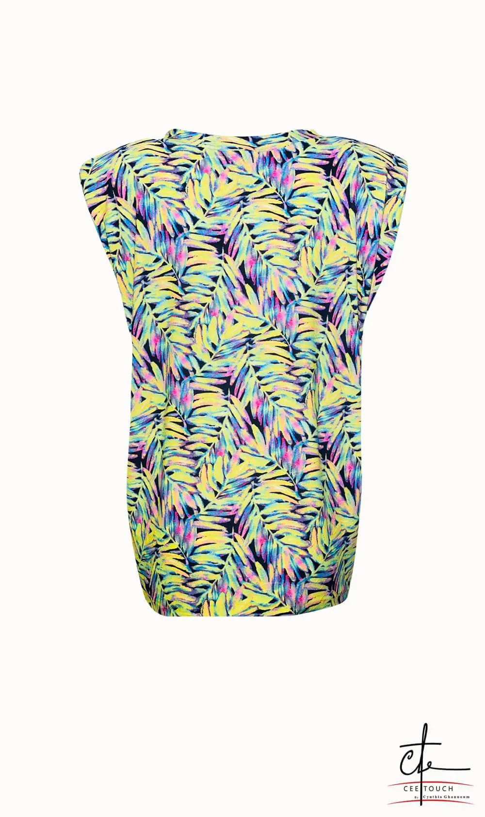 Yellow and Purple Leaf Print Sleeveless Tee
