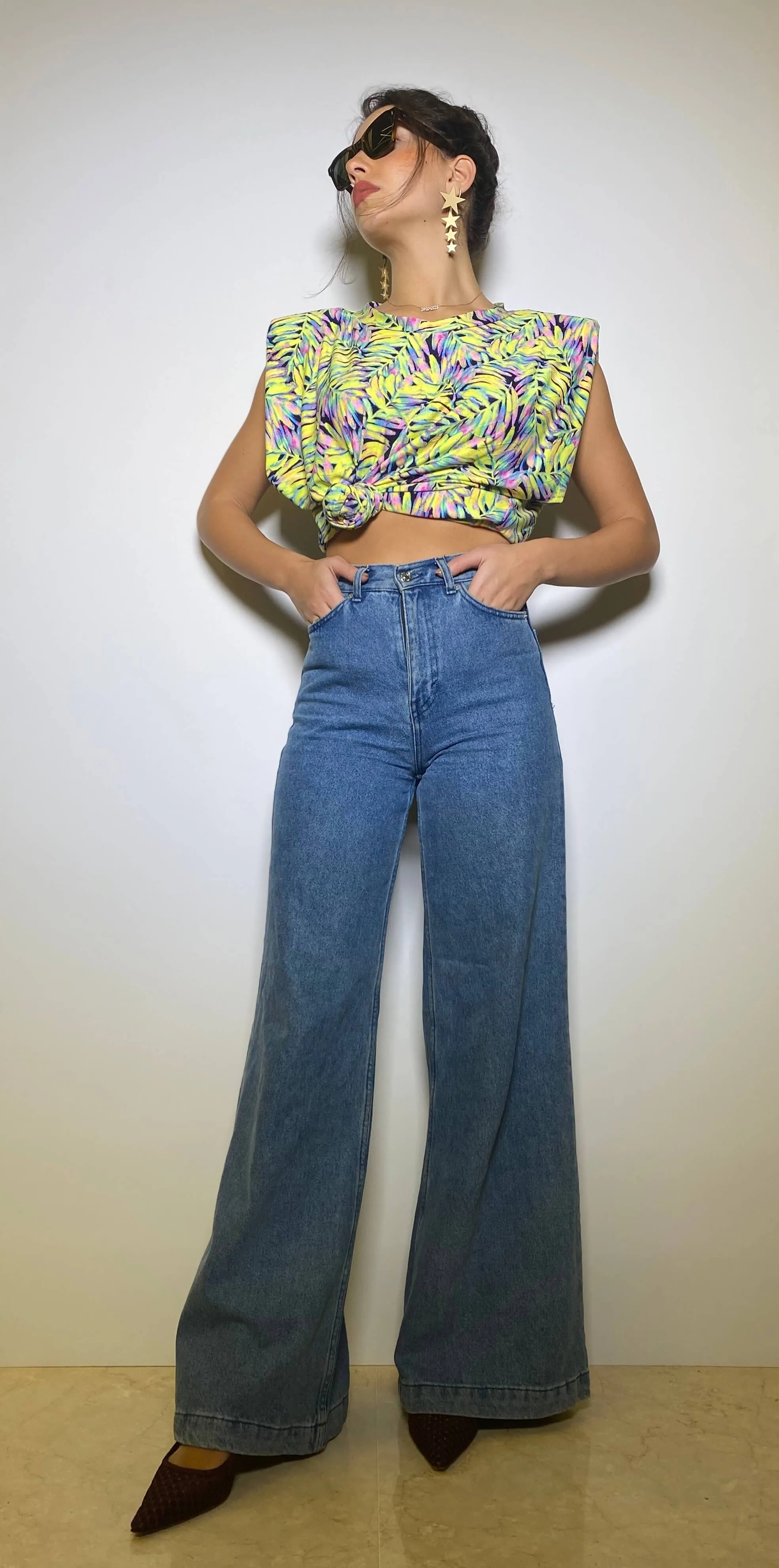 Yellow and Purple Leaf Print Sleeveless Tee