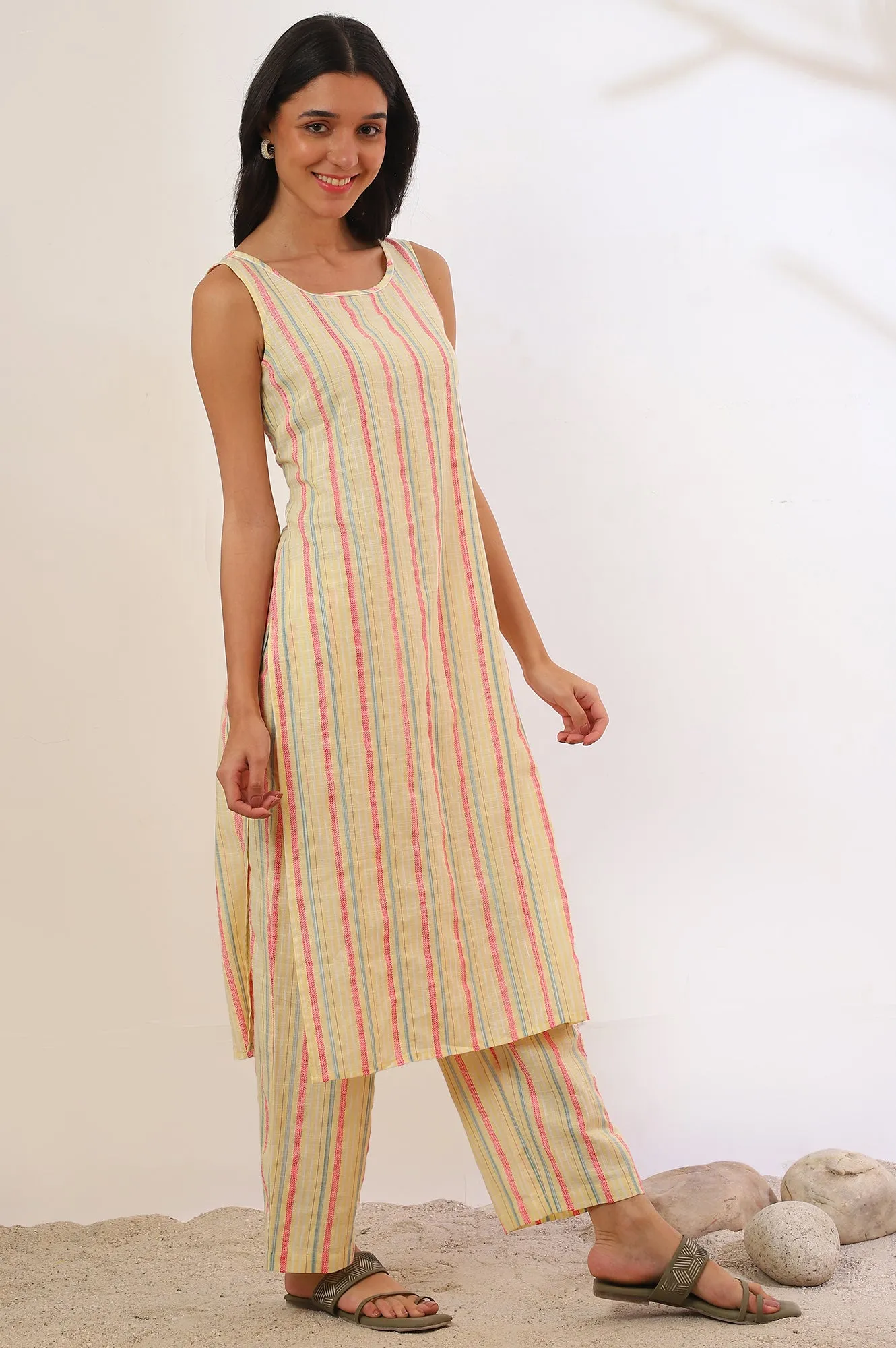 Yellow Yarn Dyed Cotton Blend Straight Kurta & Palazzo Set