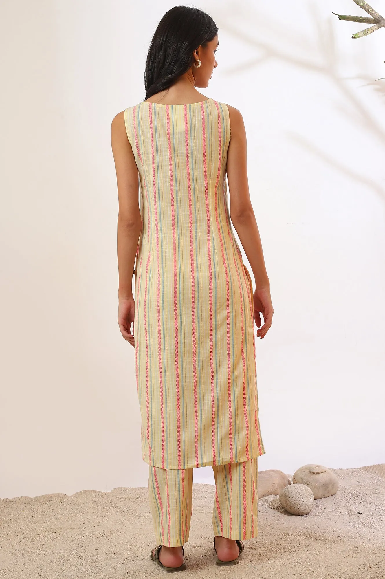 Yellow Yarn Dyed Cotton Blend Straight Kurta & Palazzo Set