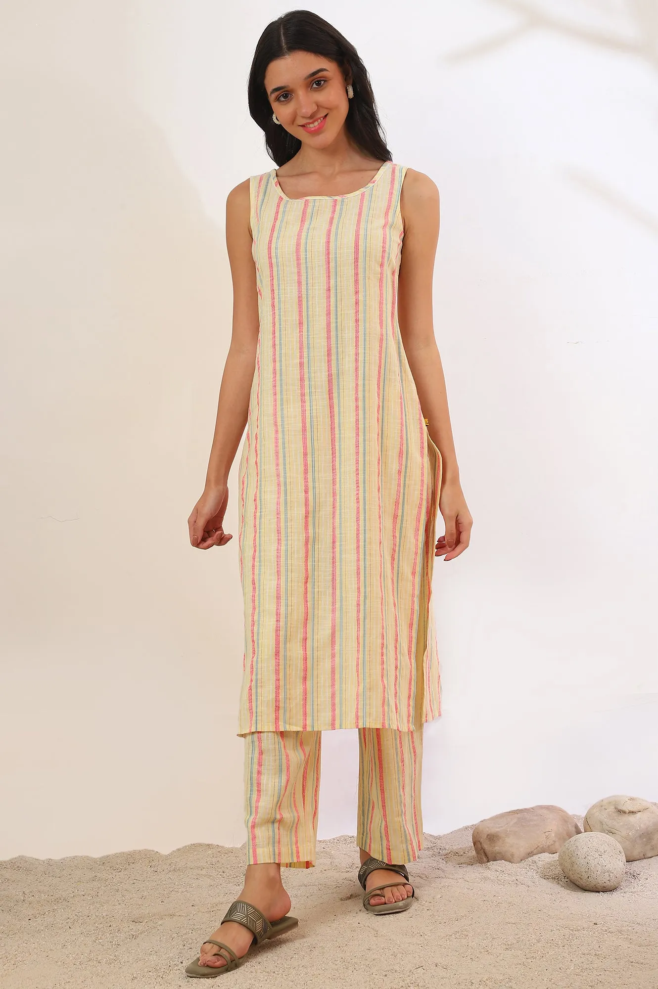Yellow Yarn Dyed Cotton Blend Straight Kurta & Palazzo Set